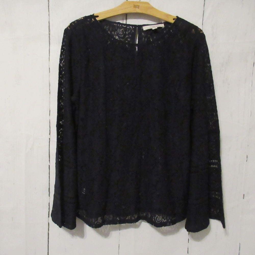 New Ann Taylor Loft Top L Navy Blue Lace Bell Sleeve Sheer Boho Peasant